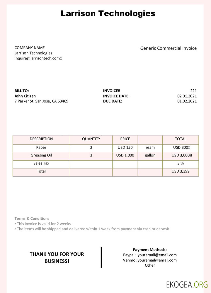 Modèle de facture USA Larrison Technologies